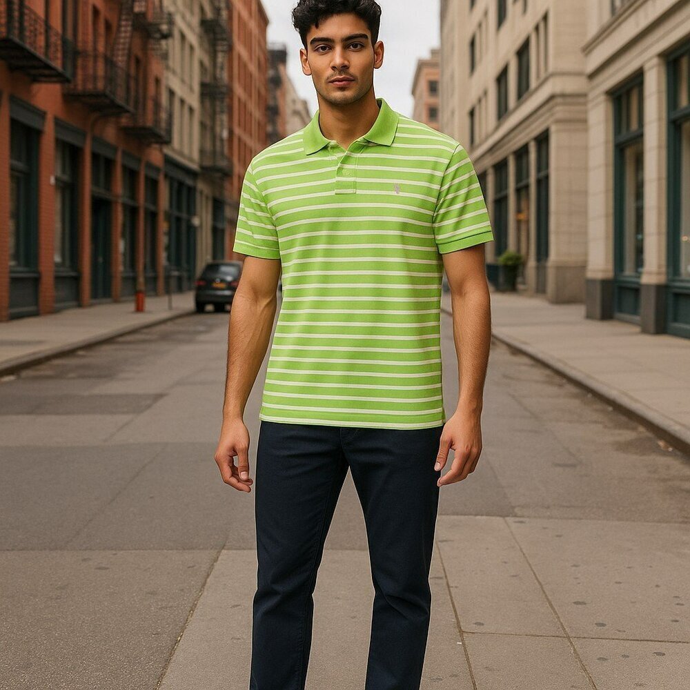 Polo Ralph Lauren Mens XL Green White Striped Knit Custom Fit Shirt